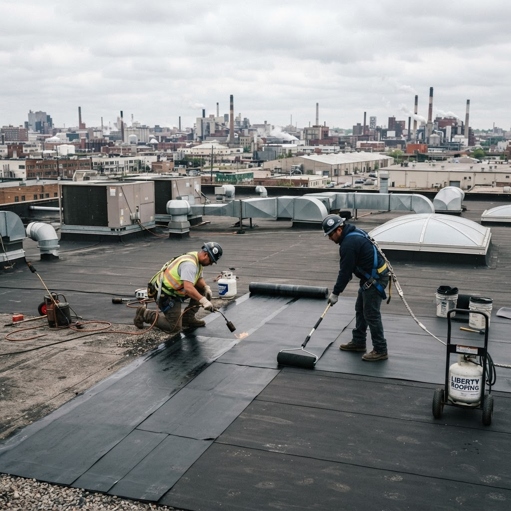 Dakdekkers van AWA Dakwerken leggen EPDM en bitumen op een groot plat bedrijfsdak
